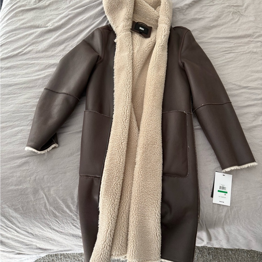 Zara Brown Faux Leather Coat with Shearling Lining